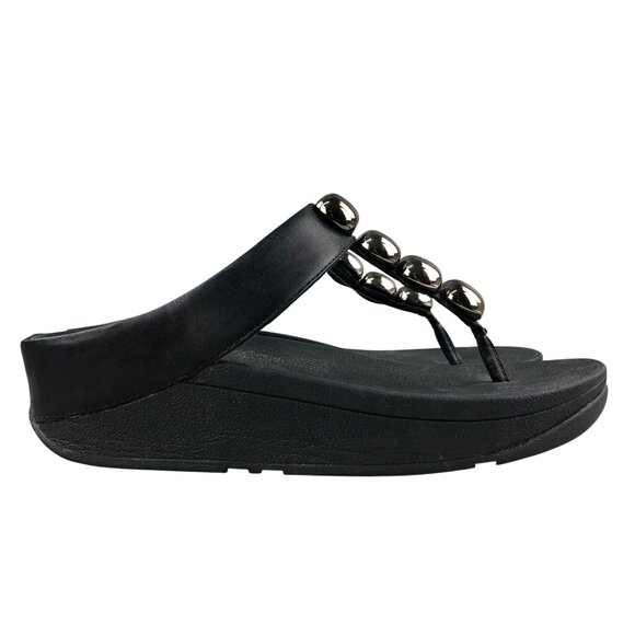 FitFlop Women's Size 5 Rola Black Leather Slim Toe Post Wedge Casual Sandals - Picture 1 of 14
